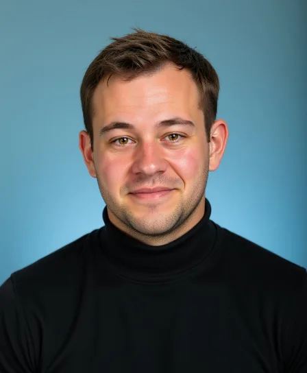 AI demo man in a black turtleneck against a blue gradient backdrop