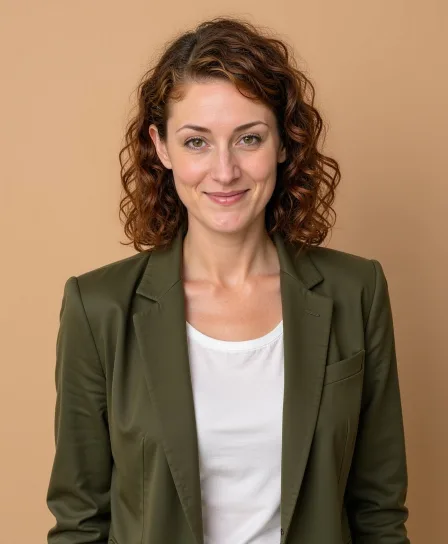 AI demo woman in an olive blazer against a beige gradient backdrop
